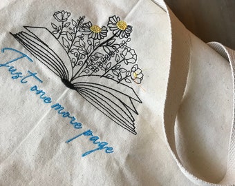 Book Lover Gift, Library Tote Bag, Book Lover Tote Bag, Reading Tote Bag, Just One More Page, Book Tote, Wildflowers, Books and Plants