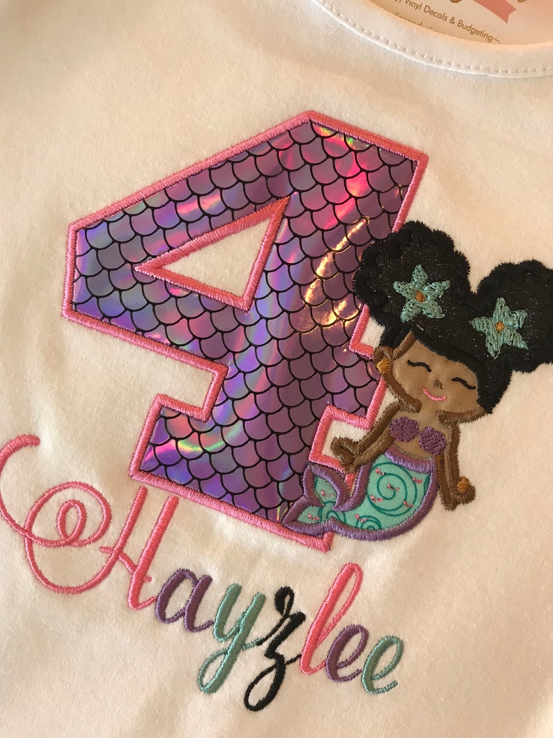 African American Mermaid Birthday Shirt, Girl's Afro Puffs Mermaid Birthday Shirt, Beach Birthday, Ocean Birthday, Mermaid Party Shirt image 4