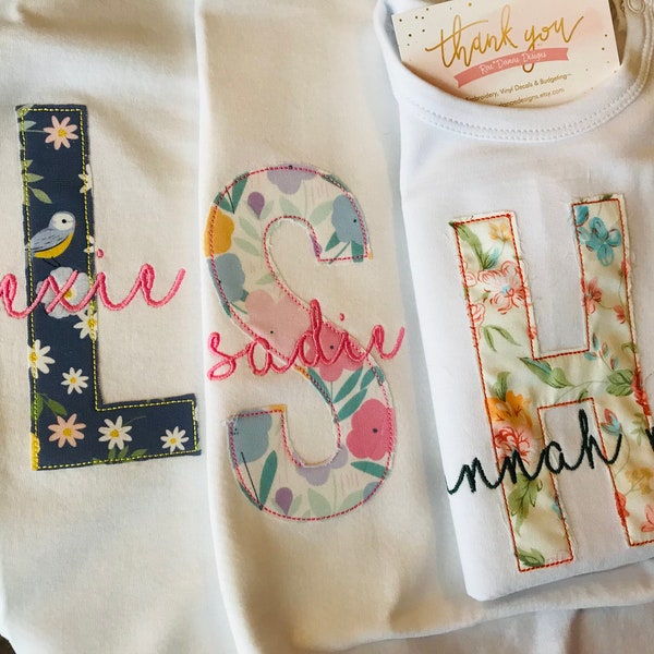 Floral Letter Applique Shirt, Personalized Girl Shirt,  Embroidered Name Shirt, Girl's Monogram Initial Letter Shirt, Initial Applique Tee