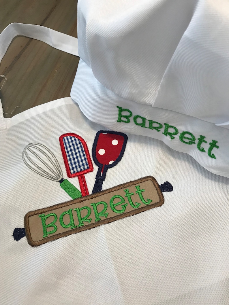 Kids Personalized Apron or Apron and Chef's Hat, Little Baker, Kids Apron Set, Child's Embroidered Apron image 9