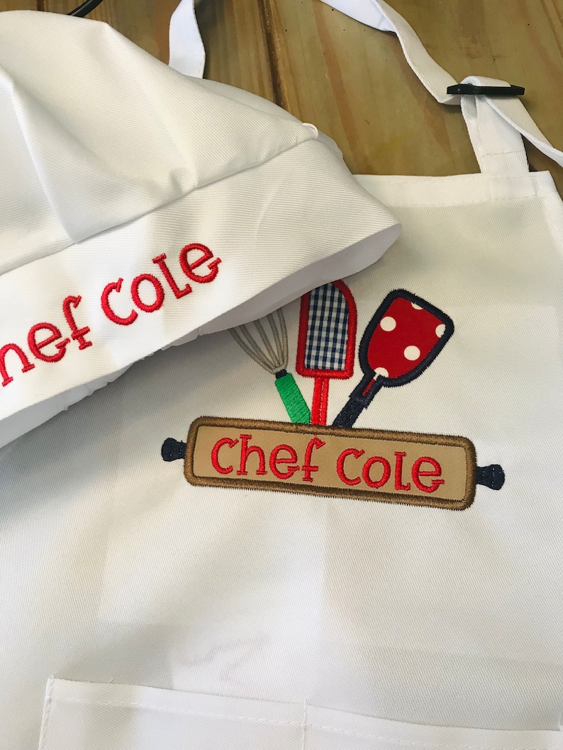 Kids Personalized Apron or Apron and Chef's Hat, Little Baker, Kids Apron Set, Child's Embroidered Apron image 1