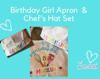 Birthday Girl Apron and Chef's Hat Set, Dress Up Apron, Rainbow, Little Baker, Kids Apron Set, Child's Embroidered Apron  Hat, Chef Birthday