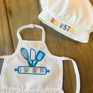 Birthday Girl and Doll Apron and Chef's Hat Set, Dress Up Apron, Rainbow, Little Baker, Kids Apron Set, Child's Embroidered Apron Hat, Chef image 4