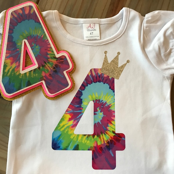 Tie Dye Birthday Number Shirt and Tie Dye Cake Topper, Girl's Birthday Shirt, Any Number Birthday, Gold Glitter Crown