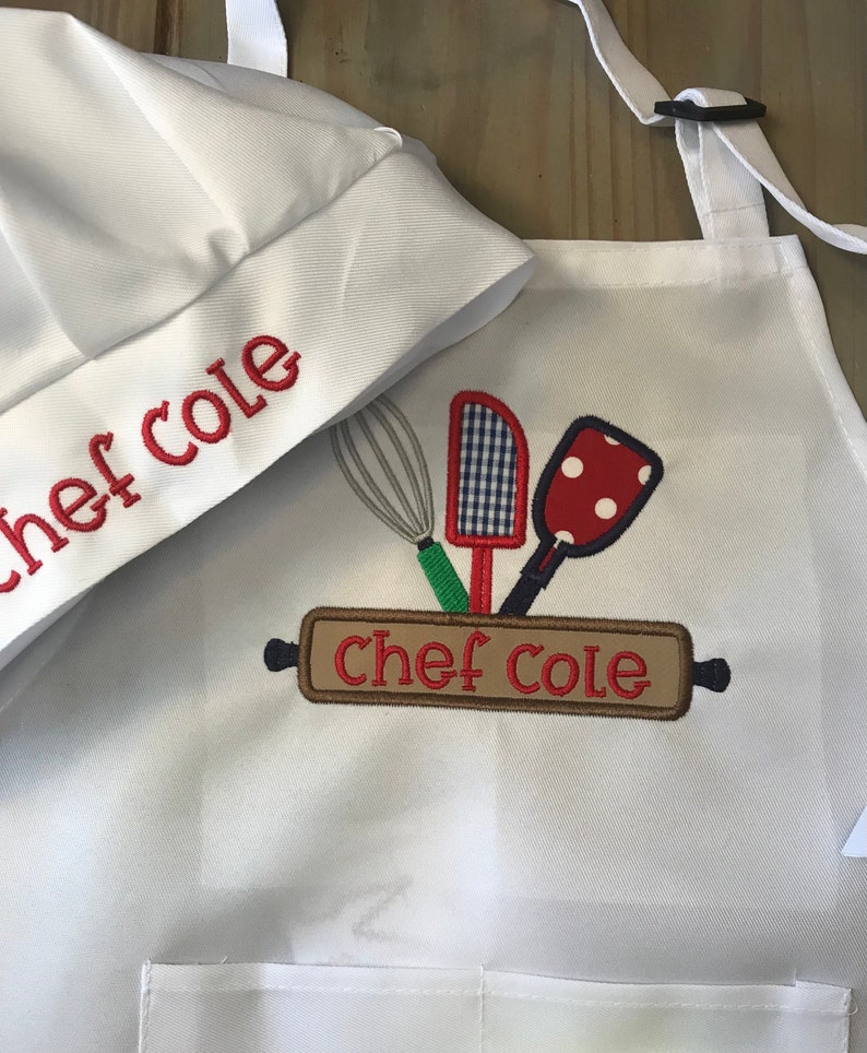 Kids Personalized Apron or Apron and Chef's Hat, Little Baker, Kids Apron Set, Child's Embroidered Apron image 7