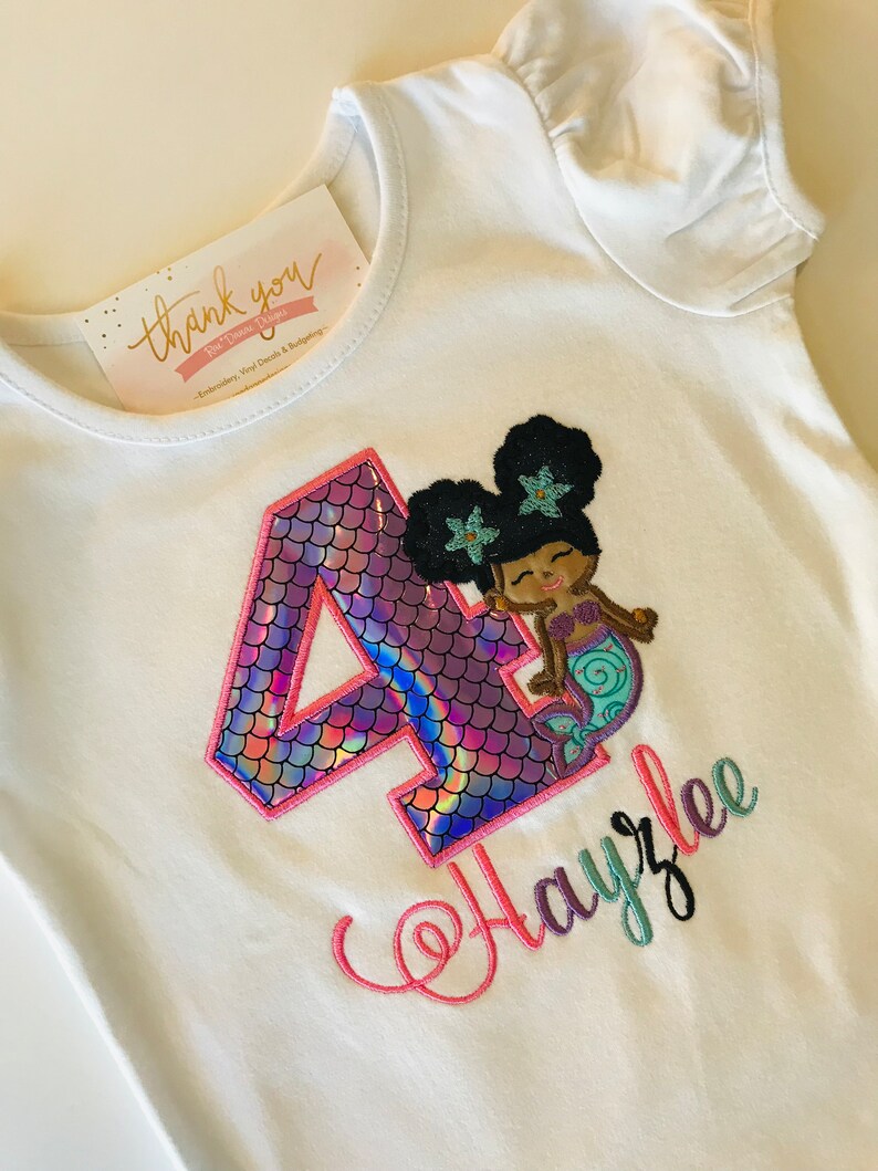 African American Mermaid Birthday Shirt, Girl's Afro Puffs Mermaid Birthday Shirt, Beach Birthday, Ocean Birthday, Mermaid Party Shirt image 2