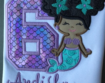 African American Mermaid Birthday Shirt, Purple Themed,  Girl's Afro Puffs Mermaid Birthday Shirt, Ocean Birthday, Mermaid Party Shirt