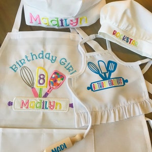 Birthday Girl and Doll Apron and Chef's Hat Set, Dress Up Apron, Rainbow, Little Baker, Kids Apron Set, Child's Embroidered Apron Hat, Chef image 5