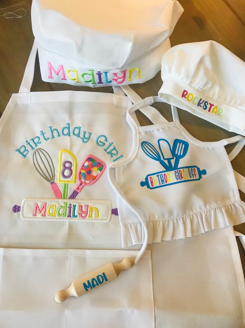 Birthday Girl and Doll Apron and Chef's Hat Set, Dress Up Apron, Rainbow, Little Baker, Kids Apron Set, Child's Embroidered Apron Hat, Chef image 5