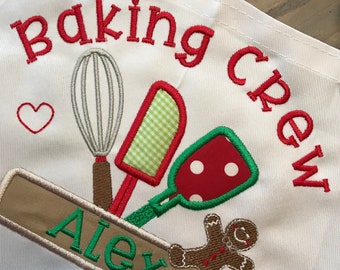 Kids Personalized Christmas Apron or Apron and Chef's Hat, Holiday Apron,  Baking Crew Apron,  Kids Apron Set, Child's Embroidered Apron