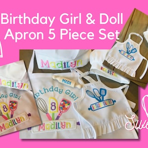 Birthday Girl and Doll Apron and Chef's Hat Set, Dress Up Apron, Rainbow, Little Baker, Kids Apron Set, Child's Embroidered Apron Hat, Chef image 2