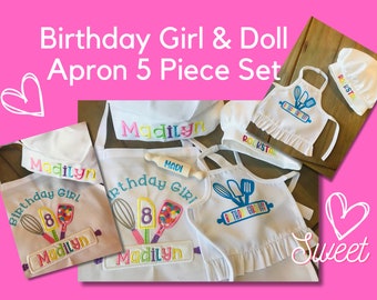 Birthday Girl and Doll Apron and Chef's Hat Set, Dress Up Apron, Rainbow, Little Baker, Kids Apron Set, Child's Embroidered Apron Hat, Chef
