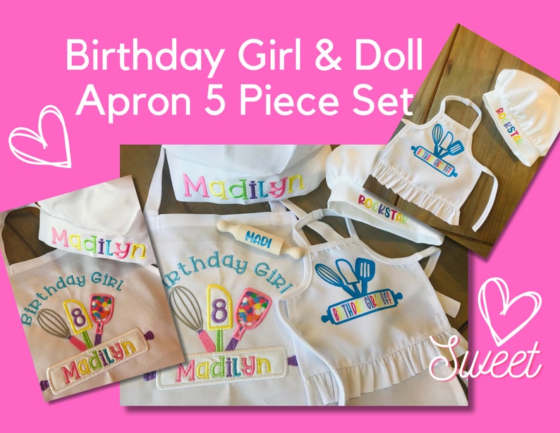 Birthday Girl and Doll Apron and Chef's Hat Set, Dress Up Apron, Rainbow, Little Baker, Kids Apron Set, Child's Embroidered Apron Hat, Chef image 2