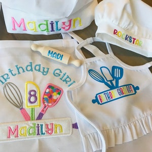 Birthday Girl and Doll Apron and Chef's Hat Set, Dress Up Apron, Rainbow, Little Baker, Kids Apron Set, Child's Embroidered Apron Hat, Chef image 1