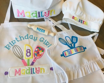 Birthday Girl and Doll Apron and Chef's Hat Set, Dress Up Apron, Rainbow, Little Baker, Kids Apron Set, Child's Embroidered Apron Hat, Chef