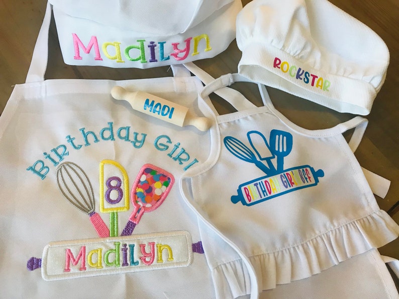 Birthday Girl and Doll Apron and Chef's Hat Set, Dress Up Apron, Rainbow, Little Baker, Kids Apron Set, Child's Embroidered Apron Hat, Chef image 1