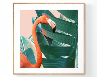 Flamingo Art Print, Tropical Art, Bird Print, Palm Tree Photograph, Banana Leaf Art, Animal Art Print, Nature Photograph, Animal Art Print