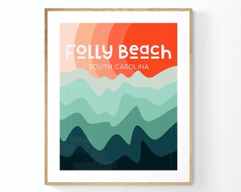 Folly Beach Print, South Carolina Art, Abstract Landscape Art, Retro Art Print, Beach Art, Coastal Decor, Mid Century Design, Boho Print