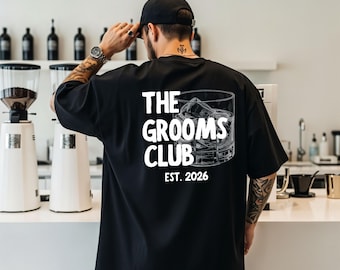 Groom & Grooms Club Shirt, Whiskey Bachelor Party Tee, Modern Groom Shirt, Personalized Name Option, Stag Party Men’s T‑Shirt
