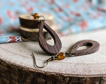 Boucles d'oreilles nature en bois, Pendants d'oreilles en forme de gouttes