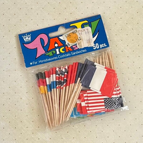 Flag party picks, flag hors d'oeuvres picks, European flags, vintage Pier One, cupcake picks