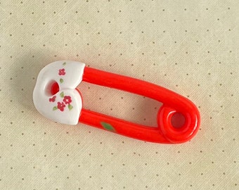 Vintage diaper pin rattle, plastic red baby rattle, baby shower decor