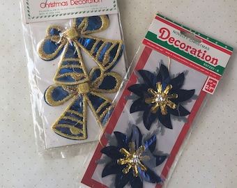 Vintage blue Christmas ornaments, plastic blue gold ornaments, blue flower, blue bell, 1980s