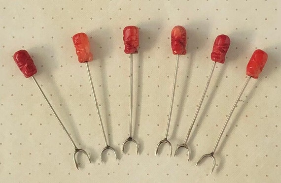 Lot De 12 Pics Fourchettes à Cocktail Vintage – Tête Tiki Sculptée Main – Pierre Et Métal