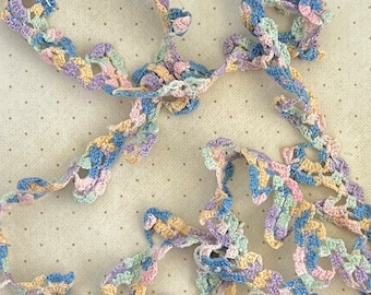 Vintage scalloped crocheted trim, variegated pastel colors, salvaged trim, handmade