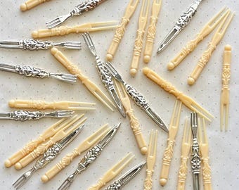 Vintage plastic appetizer picks, hors d'oeuvre forks, 1960s bar ware, faux ivory, silver