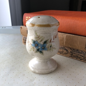 May include: A small, white ceramic salt shaker with a floral design. The shaker has a round body with a small, round base and a lid with three holes. The floral design features blue flowers and green leaves on a beige background.