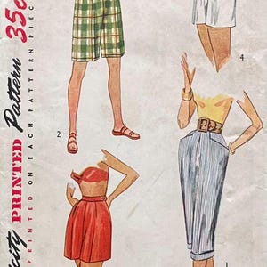 May include: Vintage Simplicity pattern featuring four different clothing designs. The designs include shorts, a skirt, and a dress. The pattern details are printed on the front, with measurements of waist 24 inches and hip 33 inches. The price is 35 cents.