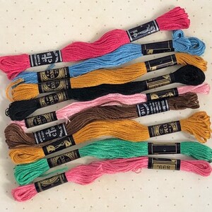 Vintage skeins embroidery thread, pink/blue/green/black, DMC, Brillante d'Alger, made in France