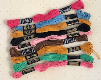 Vintage skeins embroidery thread, pink/blue/green/black, DMC, Brillante d'Alger, made in France