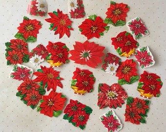 Vintage poinsettia gummed seals, Christmas seals, 1950s, 1960s