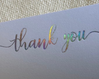 Thank you glowing script cards in holographic silver, disco or gold handset letterpress foil, great for weddings post party notes! Set of 4