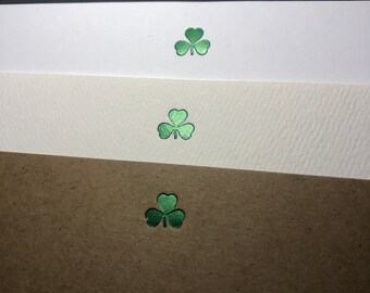 Pearl Green Clover Shamrock hot foil note card to send wishes of prosperity, luck and inner strength! St Patrick’s day foiled fun