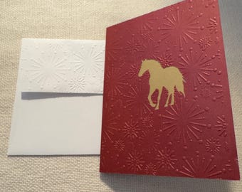 Lunar New Year of the Horse handmade gold & red diecut note card with pearly lined interior to send lucky messages for loved ones
