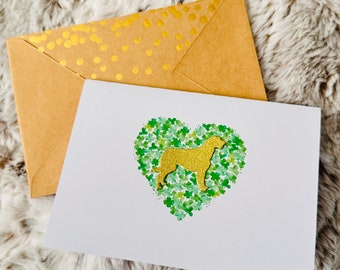 Lucky Dog in gold glitter on Shamrock Heart love note - Retriever, German Shepherd, Pomeranian, Pitbull & more!