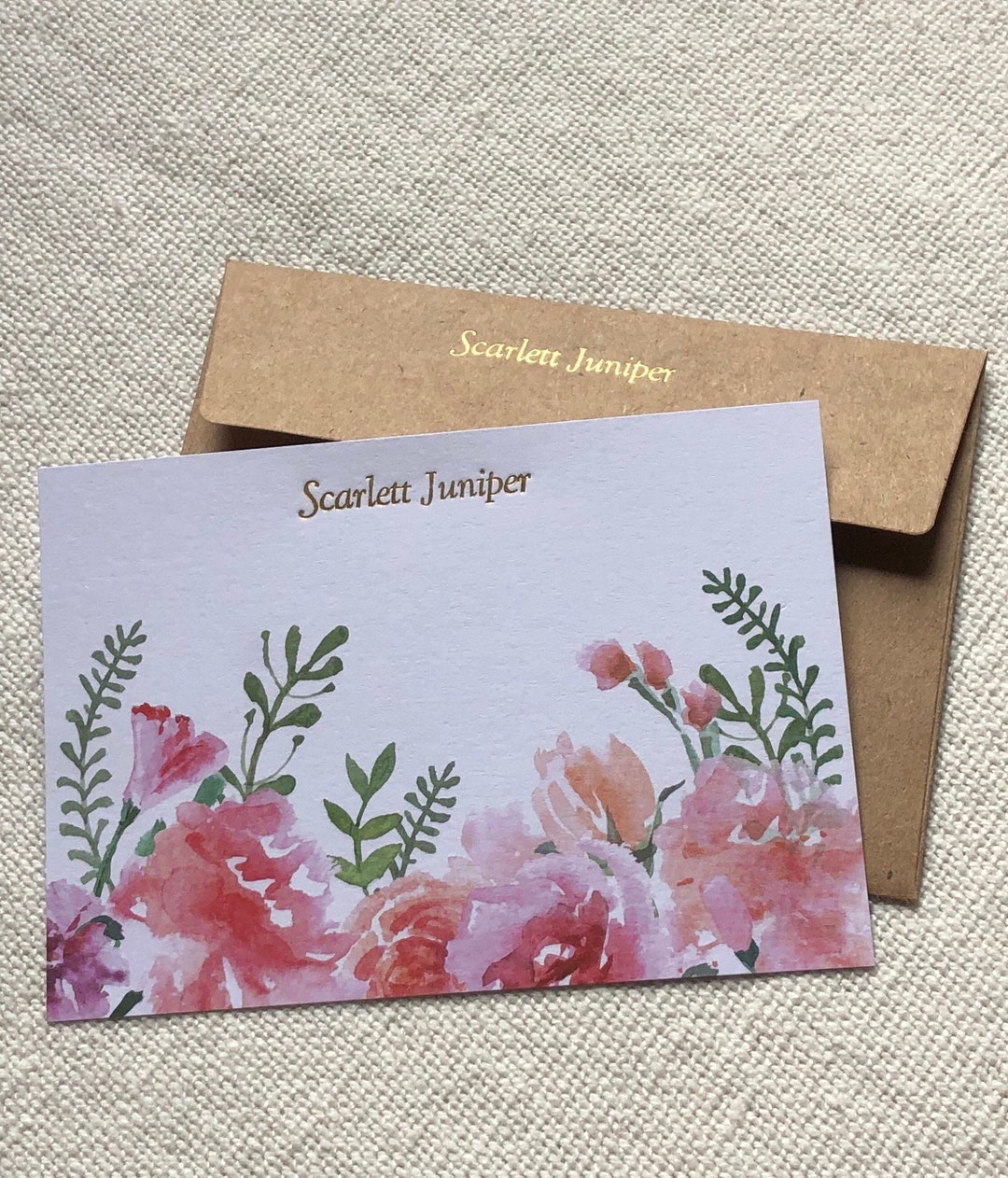 Personalized Foil Watercolor Floral Note Card Set of 12 ~ Handset ...