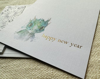 Baby Dragon Lunar New Year Gold Foil handmade note card for best wishes, with adorable watercolor dragon image! Benefits Red Cross