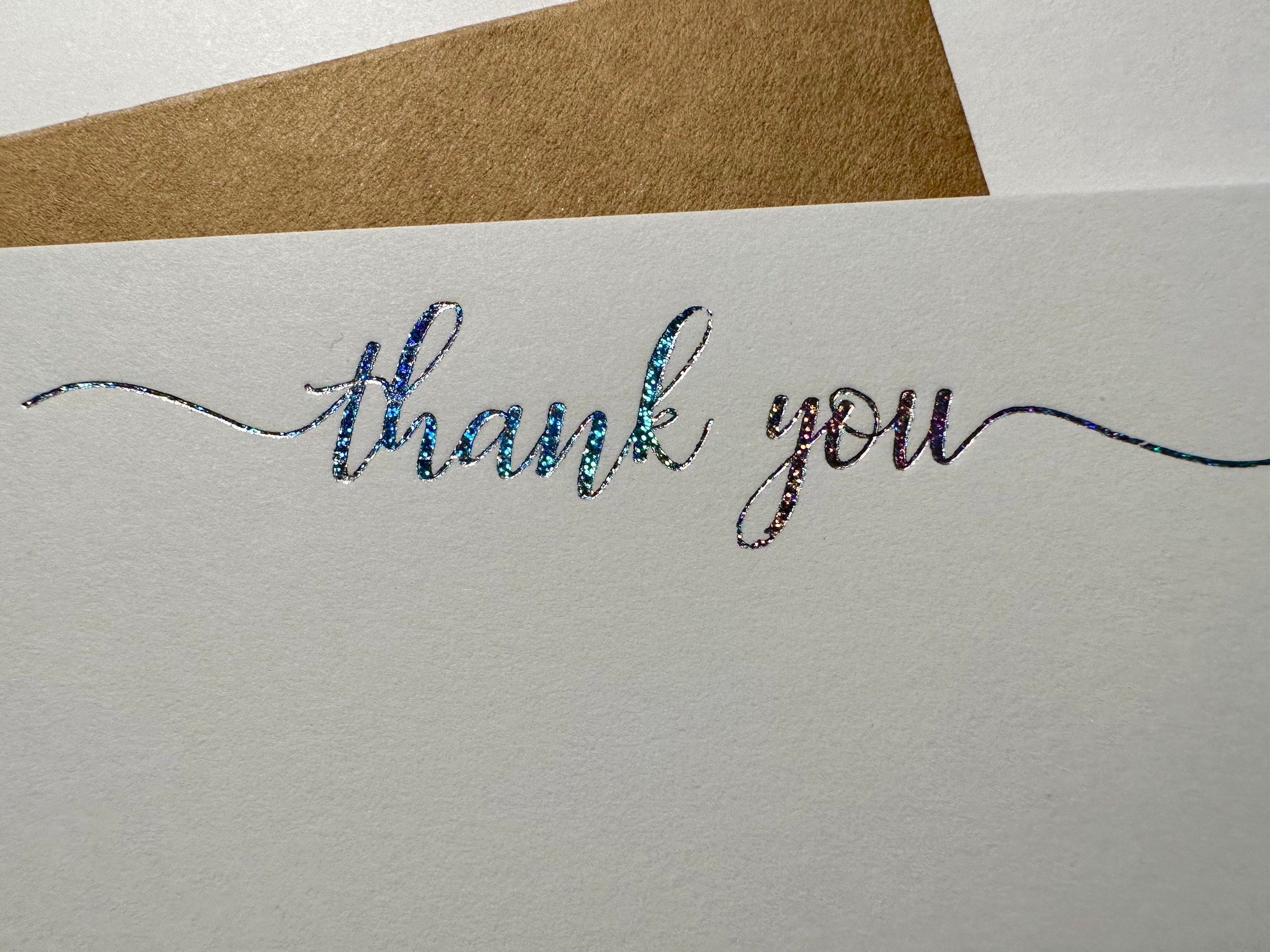 Thank You Glowing Script Cards in Holographic Silver, Disco or Gold ...