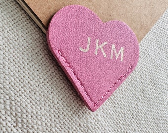 Personalized Monogram Heart Corner Bookmark ~ Great custom gift for students or book lovers! Pink, black or white recycled vegan leather