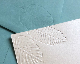 Tropical foliage pearl letterpress card - gratitude, hello or love note with banana, monstera and fern leaves