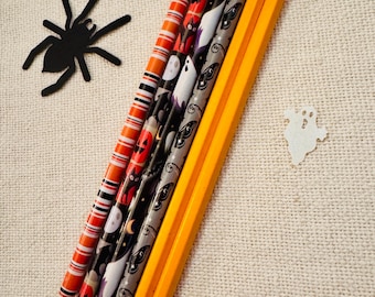 Personalized foil pressed pencils for Halloween & Samhain Fun! Custom printed pencils in holographic or gold hot foils for goody bags