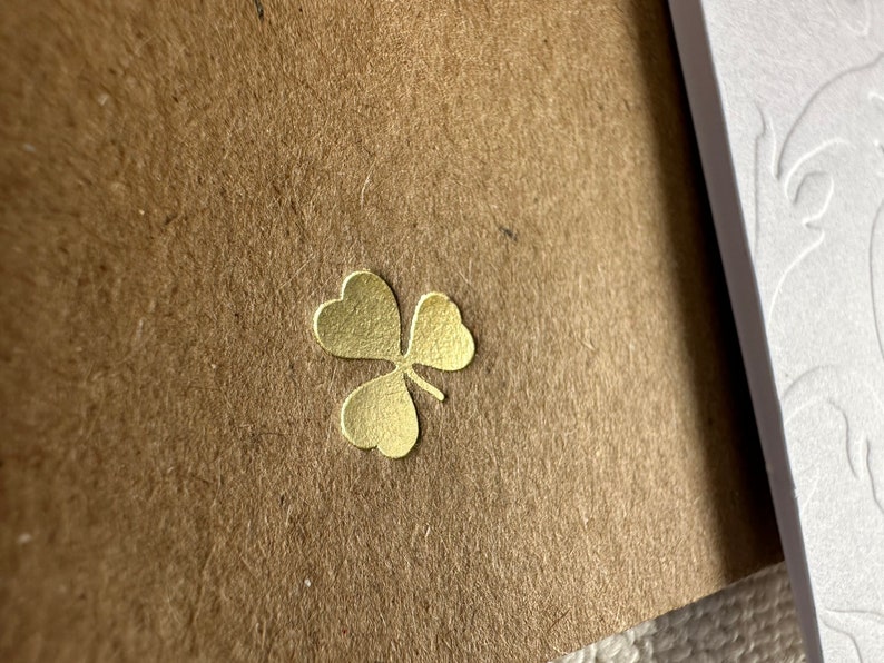 You are my lucky charm sparkle shamrock in gold foil over embossed flourish letterpress card with hot foiled clover love note image 3