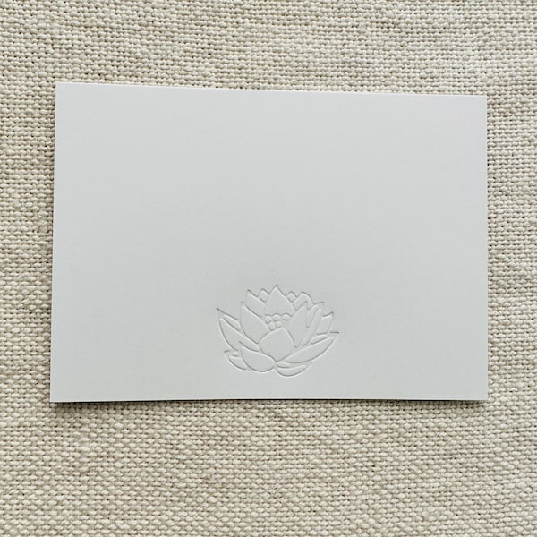 Lotus Water Lily Flower impressed in blind debossing on white letterpress flat note card