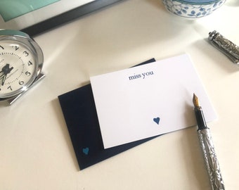 Miss you heart foil card valentine love note in rose gold, pearl blue or holographic handset foiling