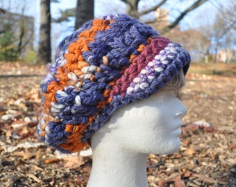 Purple and Orange Newsboy Hat - Crocheted Hat in Wool Acrylic Blend - Women's Hat with Brim - Chunky Knits - Winter Accessories - Winter Hat