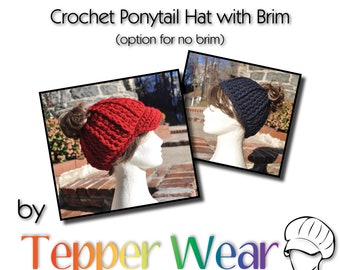 Crochet Hat Pattern - Messy Bun Hat Pattern - Ponytail Hat Pattern Crochet - Hat with Brim